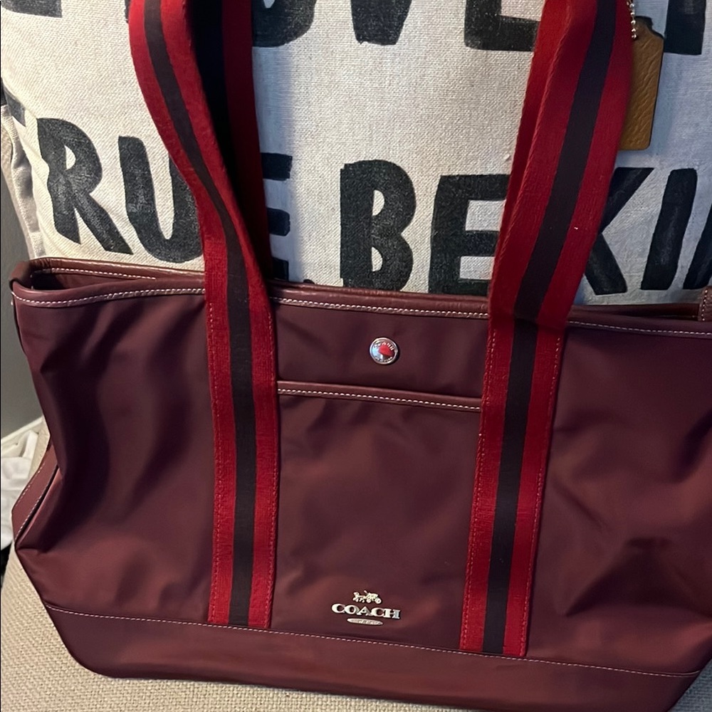 Coach Red Travel Tote Bag with Striped Handles